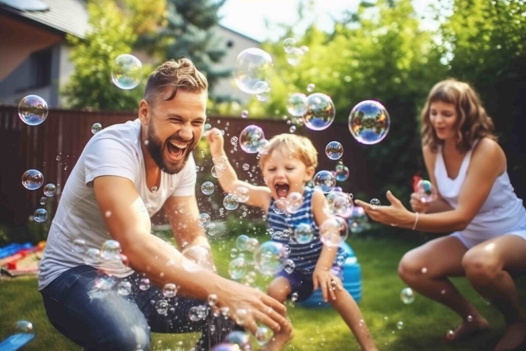 A family playing with bubbles outside in their yard in their natural surroundings